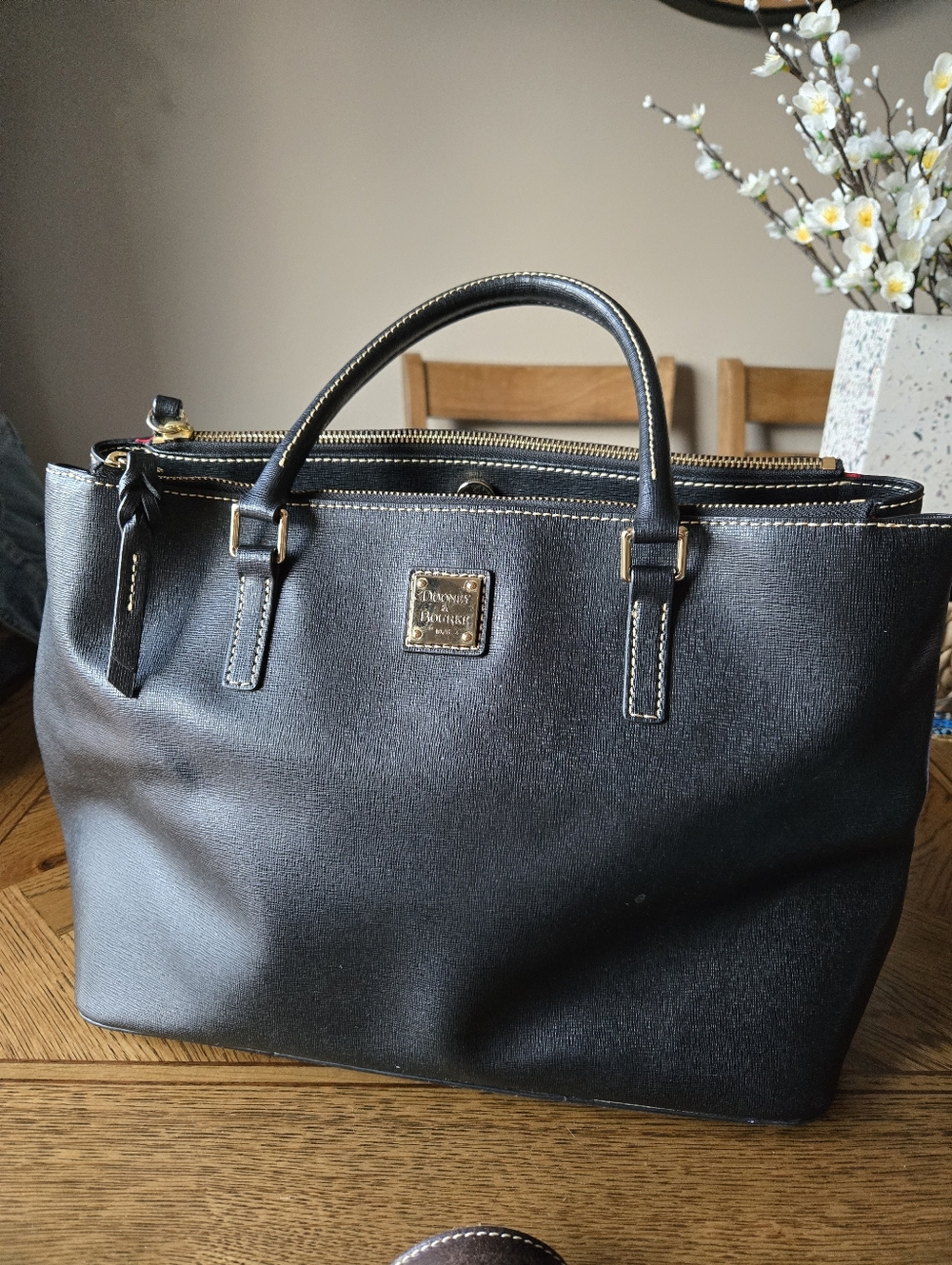 Dooney & Bourke Black Saffiano Leather Satchel with Gold Hardware